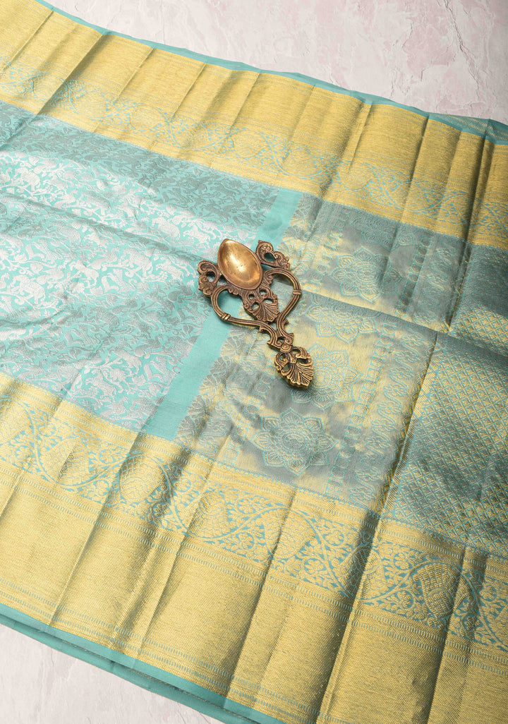 Vanasingaram Brocade Pure Kanjivaram Silk Saree in Cyan with Zari Border | SILK MARK CERTIFIED