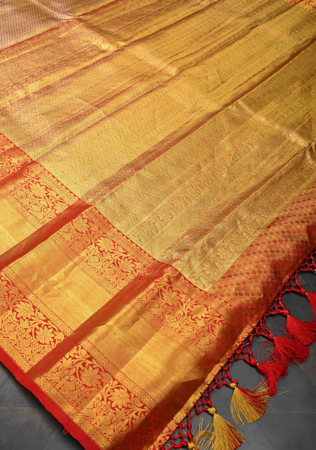 Gold Tissue Brocade Kanjivaram Pure Silk Saree with Wide Border | SILK MARK CERTIFIED