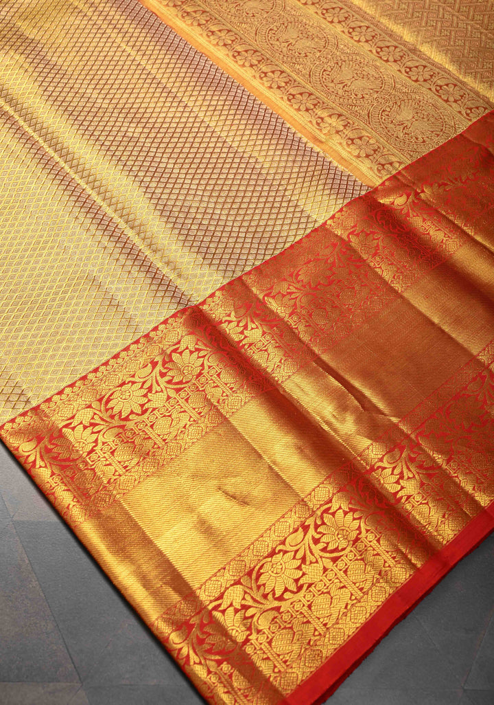Gold Tissue Brocade Kanjivaram Pure Silk Saree with Wide Border | SILK MARK CERTIFIED