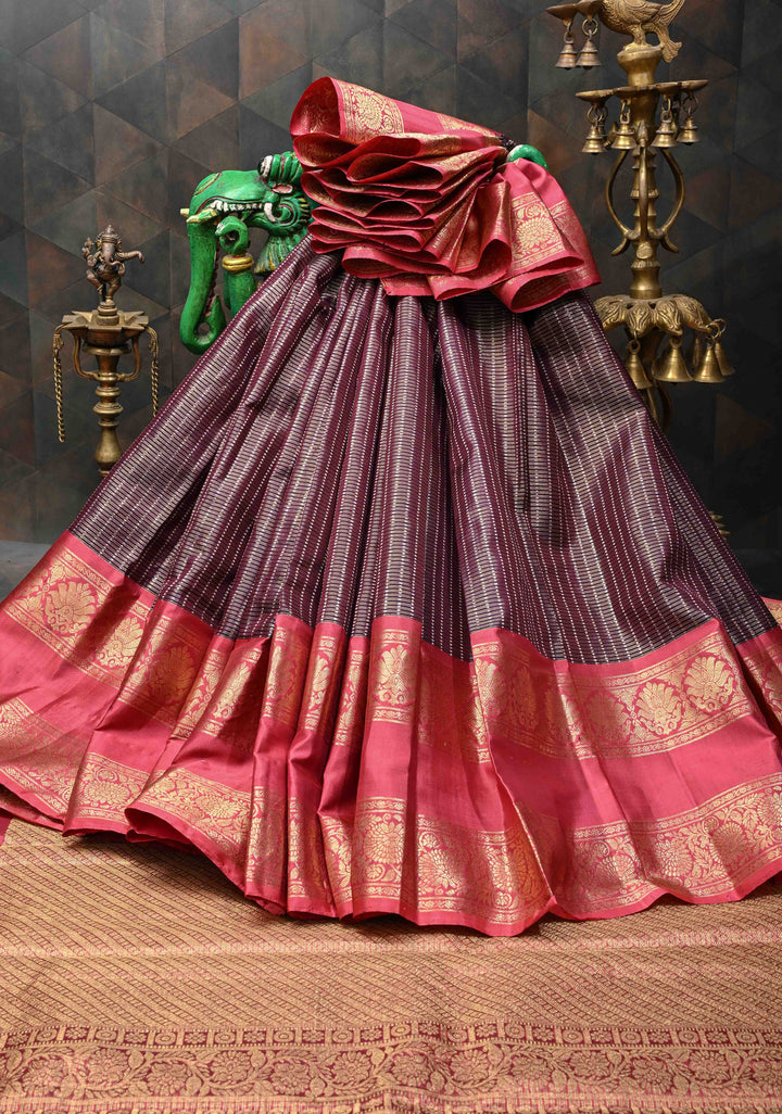 Exquisite Purple Zari Checks Kanjivaram Pure Silk saree with 2 Side Rettaipet Border | SILK MARK CERTIFIED
