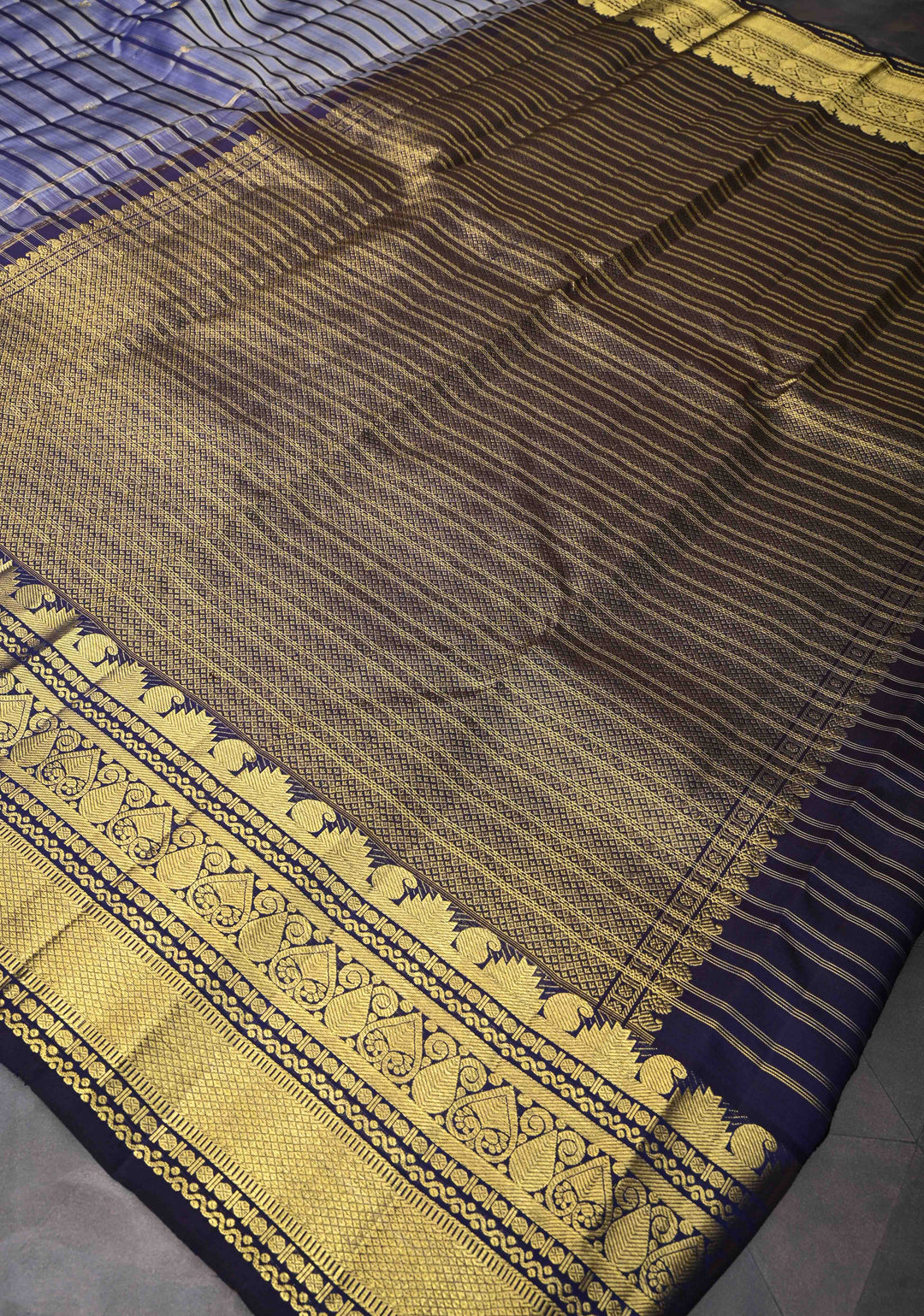 Greyish Blue Pure Kanjivaram Silk Saree with Zari Horizontal Pattern with Zari Buttis and Border | SILK MARK CERTIFIED