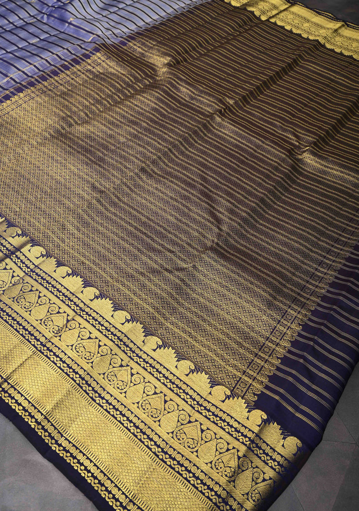 Greyish Blue Pure Kanjivaram Silk Saree with Zari Horizontal Pattern with Zari Buttis and Border | SILK MARK CERTIFIED