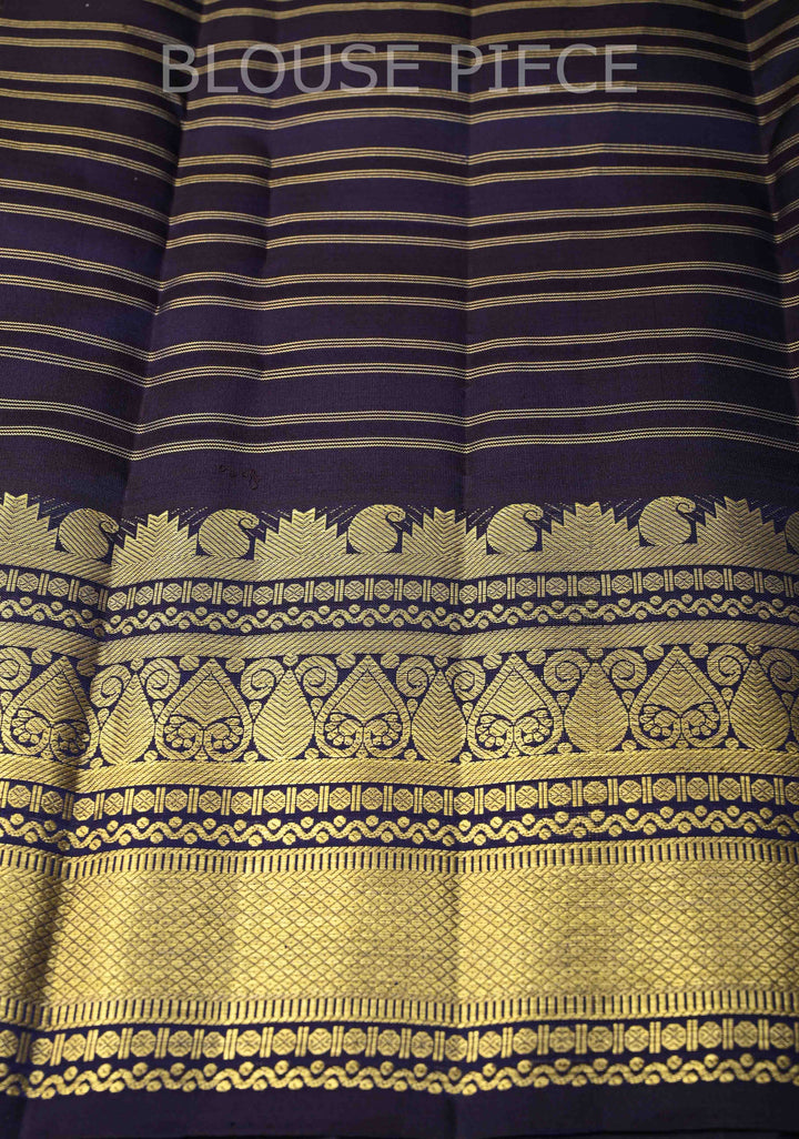 Greyish Blue Pure Kanjivaram Silk Saree with Zari Horizontal Pattern with Zari Buttis and Border | SILK MARK CERTIFIED