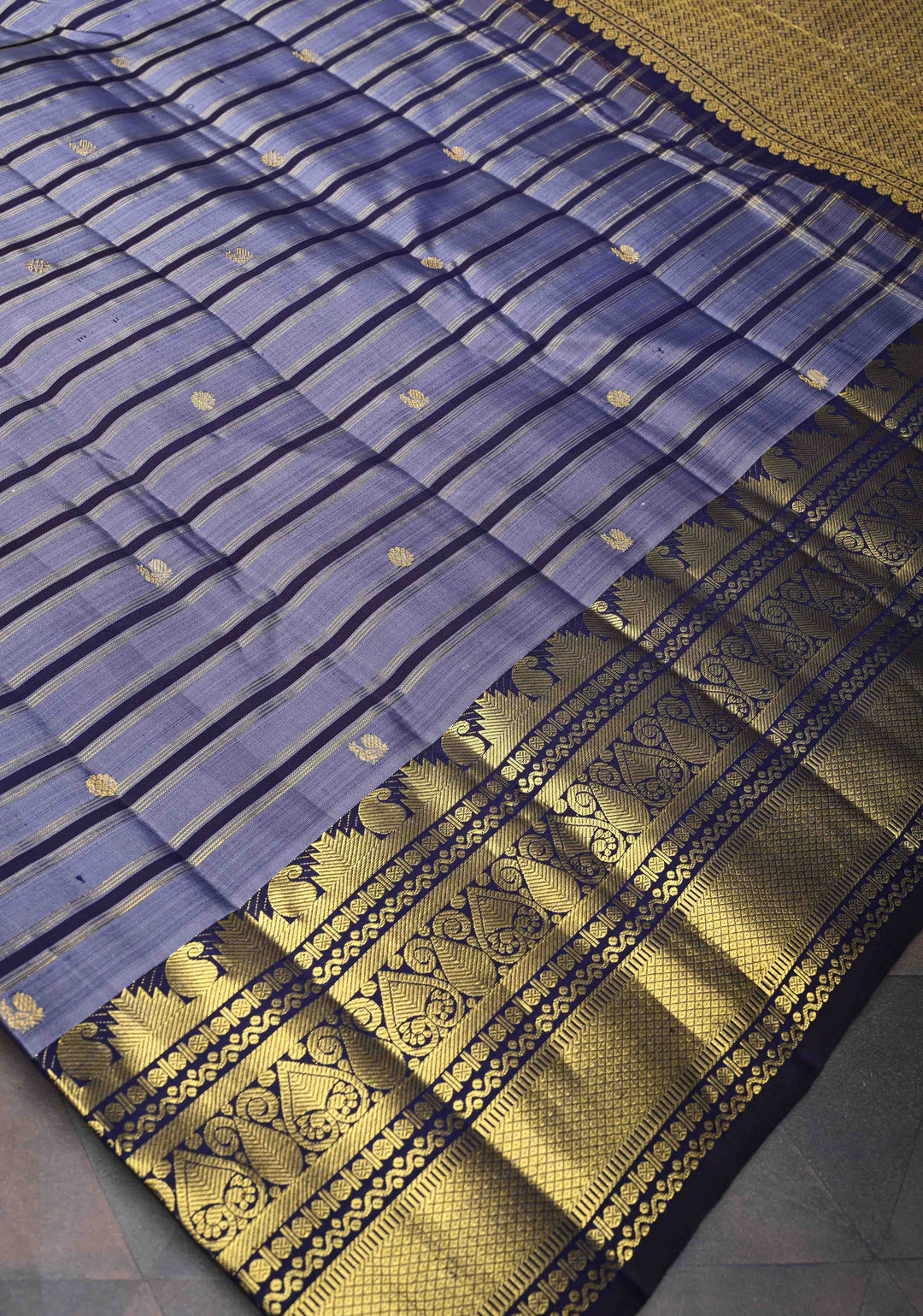 Greyish Blue Pure Kanjivaram Silk Saree with Zari Horizontal Pattern with Zari Buttis and Border | SILK MARK CERTIFIED