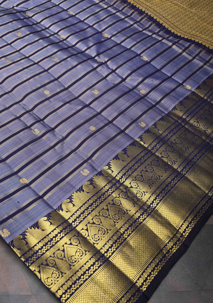 Greyish Blue Pure Kanjivaram Silk Saree with Zari Horizontal Pattern with Zari Buttis and Border | SILK MARK CERTIFIED