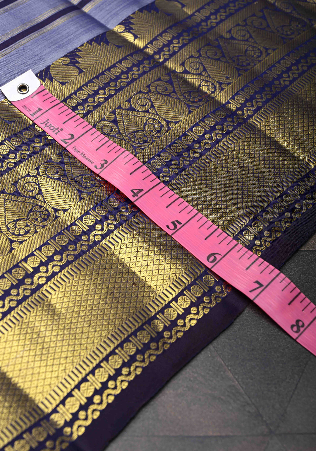 Greyish Blue Pure Kanjivaram Silk Saree with Zari Horizontal Pattern with Zari Buttis and Border | SILK MARK CERTIFIED