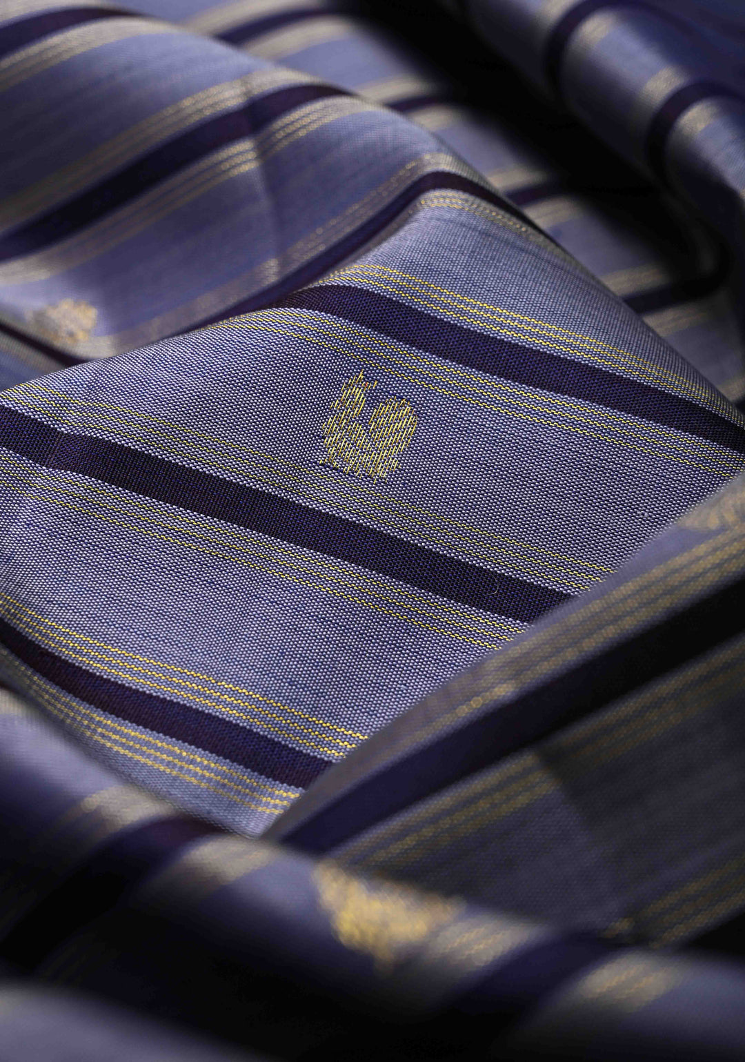 Greyish Blue Pure Kanjivaram Silk Saree with Zari Horizontal Pattern with Zari Buttis and Border | SILK MARK CERTIFIED