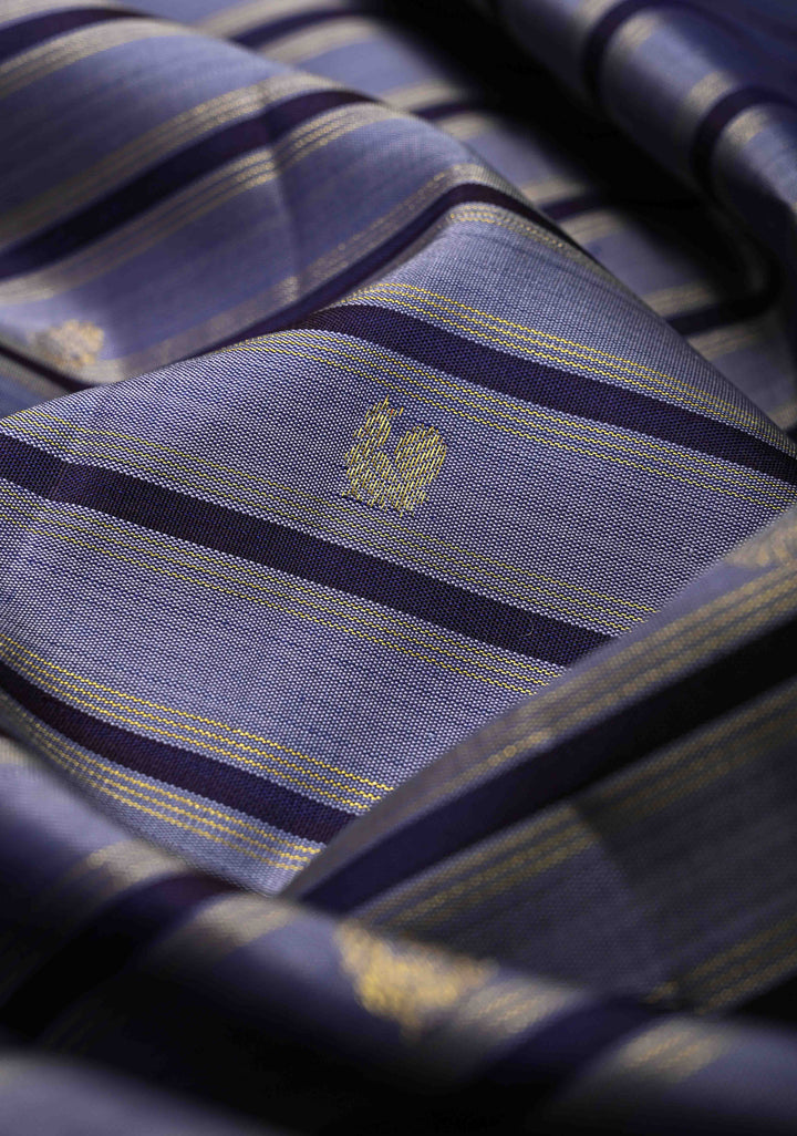 Greyish Blue Pure Kanjivaram Silk Saree with Zari Horizontal Pattern with Zari Buttis and Border | SILK MARK CERTIFIED