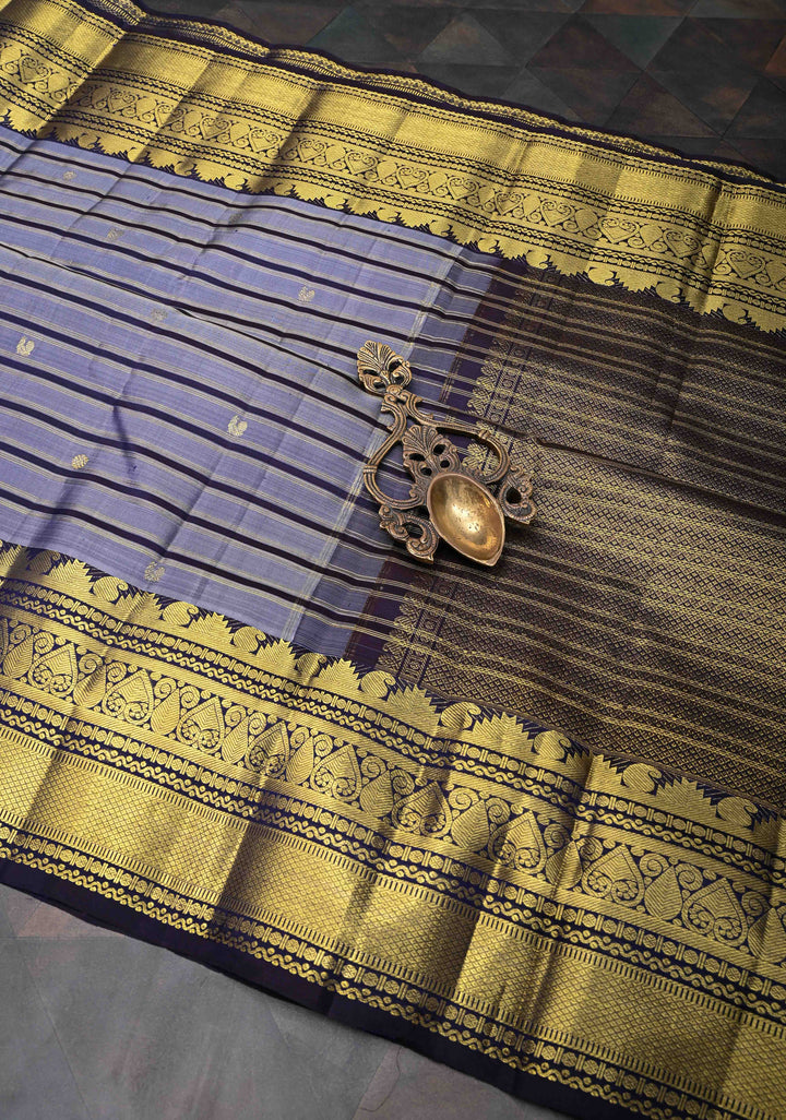 Greyish Blue Pure Kanjivaram Silk Saree with Zari Horizontal Pattern with Zari Buttis and Border | SILK MARK CERTIFIED