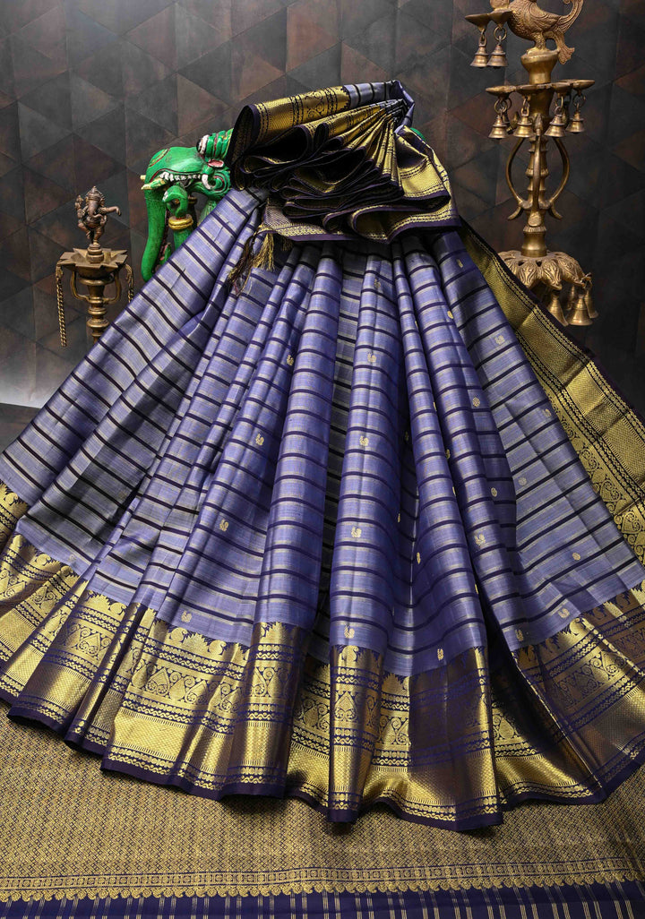 Greyish Blue Pure Kanjivaram Silk Saree with Zari Horizontal Pattern with Zari Buttis and Border | SILK MARK CERTIFIED