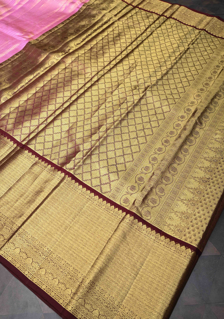 Bubblegum Pink Kanjivaram Silk Saree with Tissue Stripes and Wide Contrast Zari Border| SILK MARK CERTIFIED