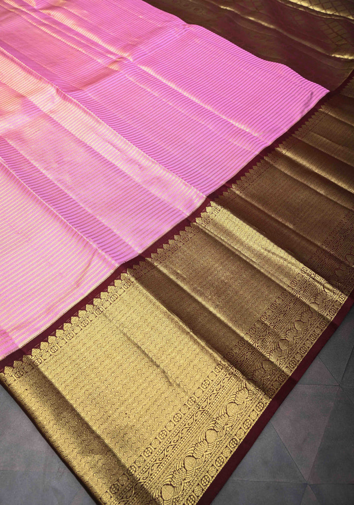 Bubblegum Pink Kanjivaram Silk Saree with Tissue Stripes and Wide Contrast Zari Border| SILK MARK CERTIFIED