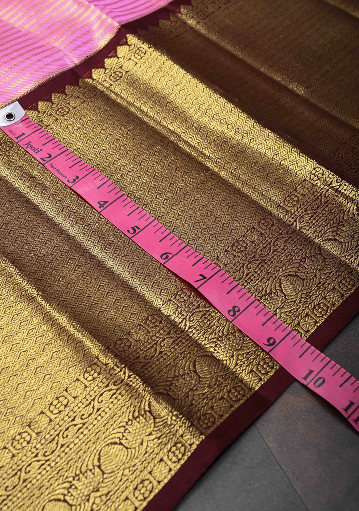 Bubblegum Pink Kanjivaram Silk Saree with Tissue Stripes and Wide Contrast Zari Border| SILK MARK CERTIFIED