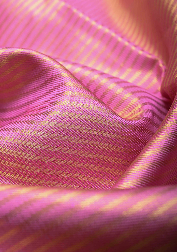 Bubblegum Pink Kanjivaram Silk Saree with Tissue Stripes and Wide Contrast Zari Border| SILK MARK CERTIFIED