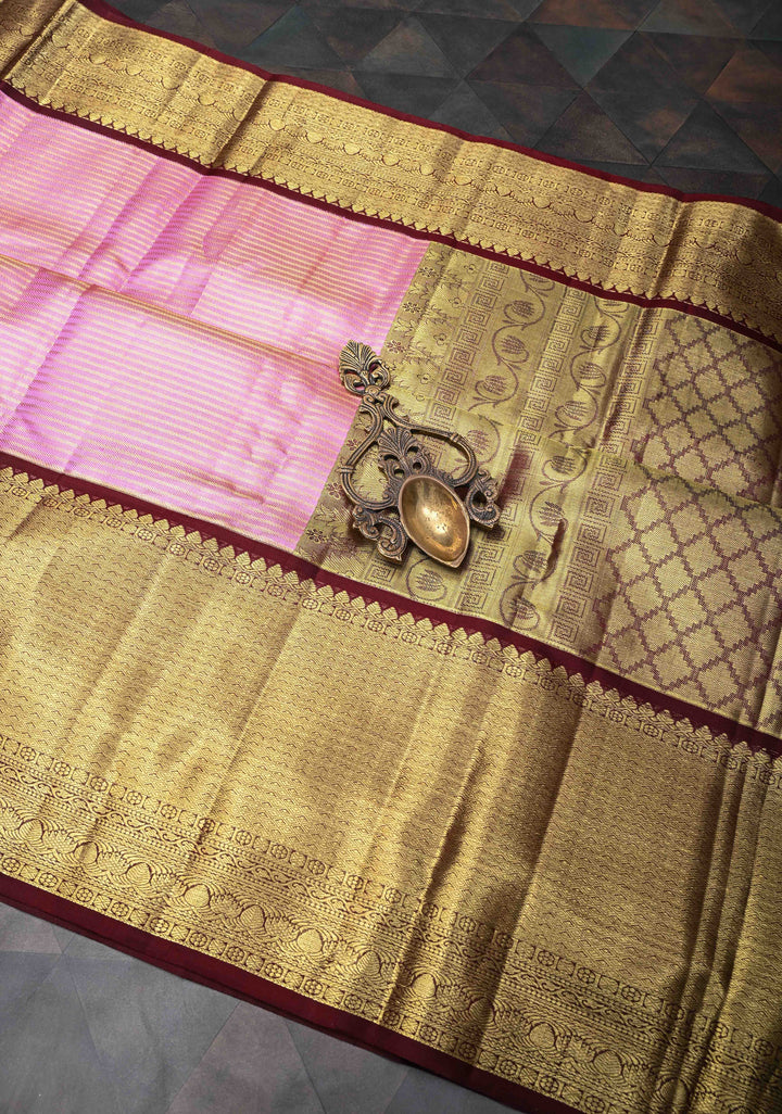 Bubblegum Pink Kanjivaram Silk Saree with Tissue Stripes and Wide Contrast Zari Border| SILK MARK CERTIFIED
