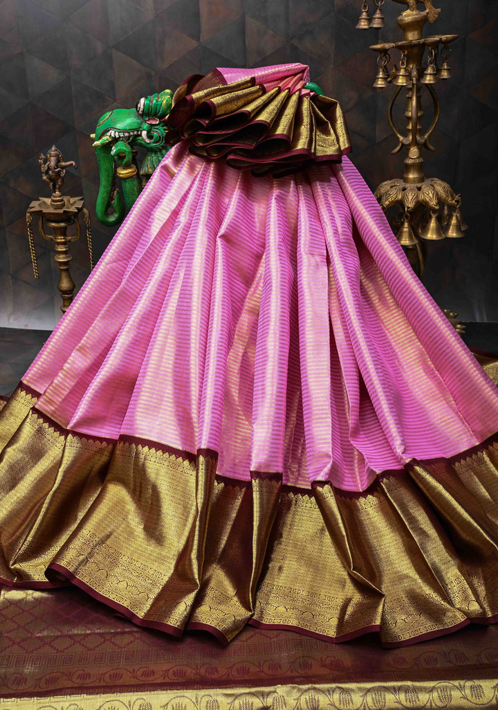 Bubblegum Pink Kanjivaram Silk Saree with Tissue Stripes and Wide Contrast Zari Border| SILK MARK CERTIFIED