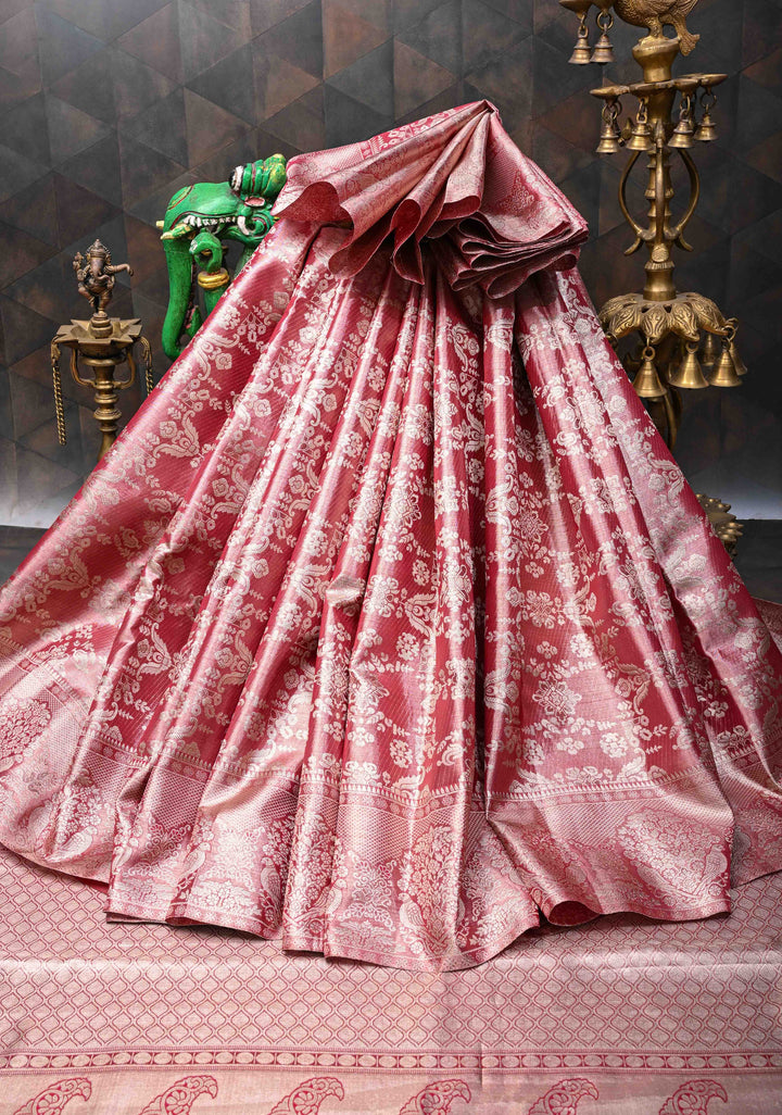 Dusty Rose Tissue Kanjivaram Silk Saree with Floral Jaal and Parrot Meenakari Zari Border | SILK MARK CERTIFIED