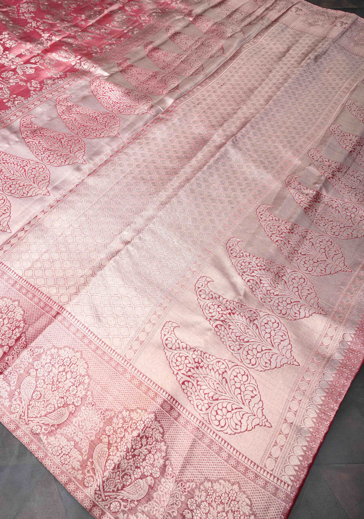 Dusty Rose Tissue Kanjivaram Silk Saree with Floral Jaal and Parrot Meenakari Zari Border | SILK MARK CERTIFIED