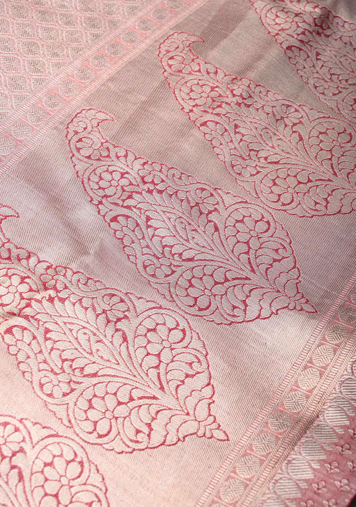 Dusty Rose Tissue Kanjivaram Silk Saree with Floral Jaal and Parrot Meenakari Zari Border | SILK MARK CERTIFIED