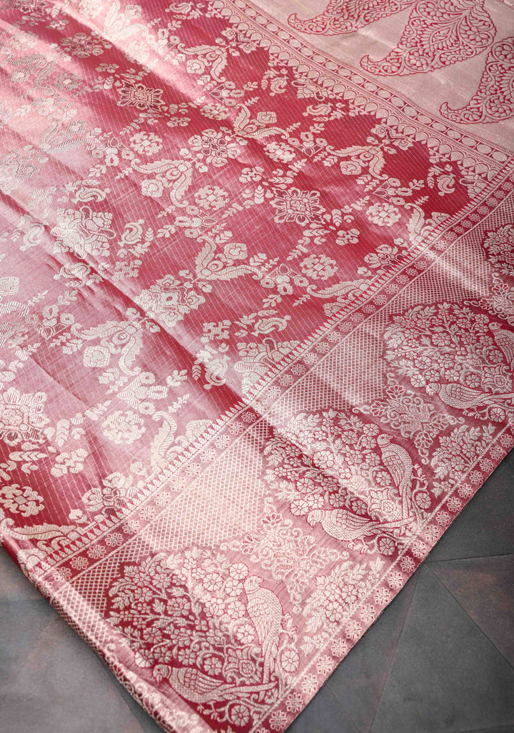 Dusty Rose Tissue Kanjivaram Silk Saree with Floral Jaal and Parrot Meenakari Zari Border | SILK MARK CERTIFIED