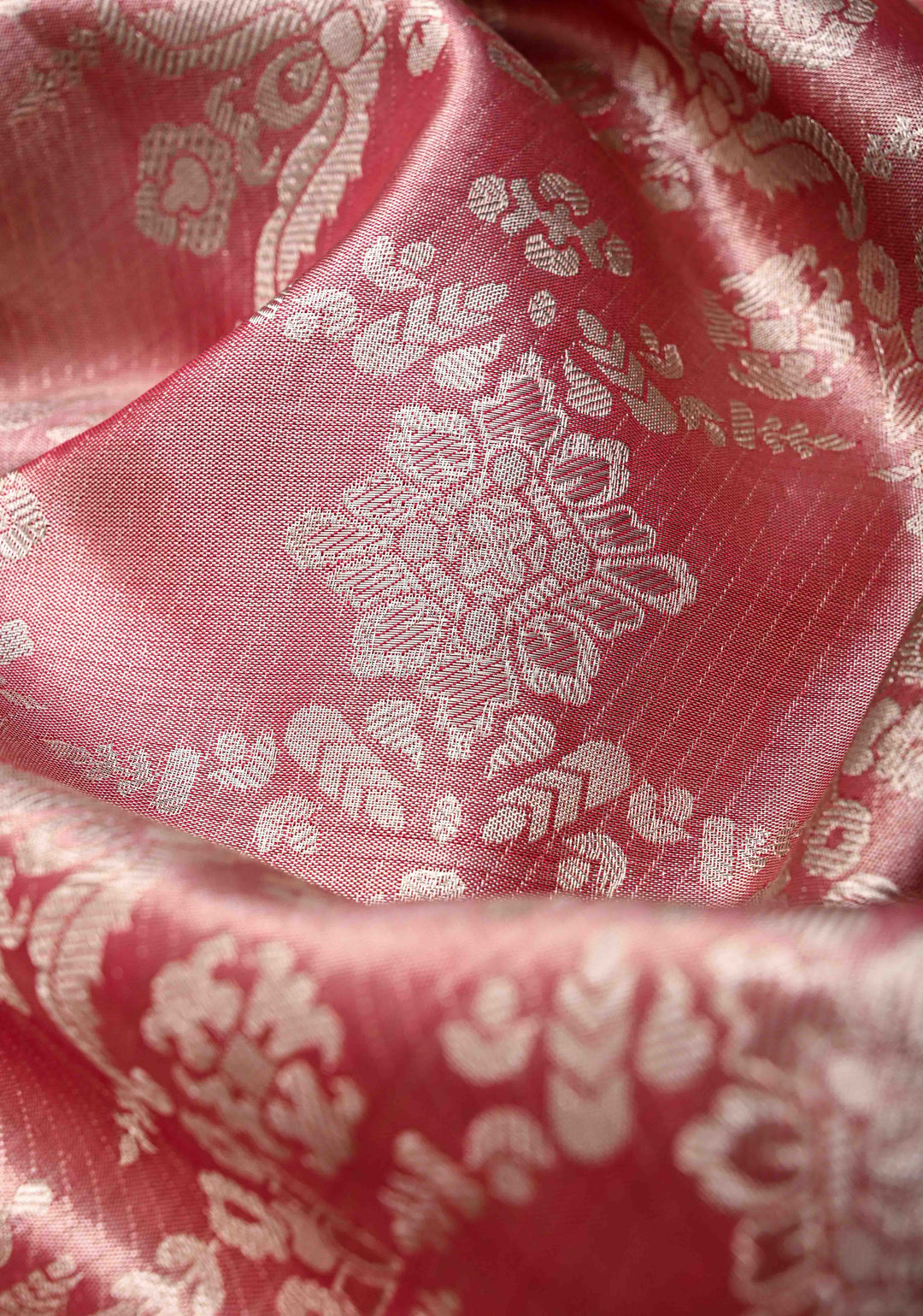 Dusty Rose Tissue Kanjivaram Silk Saree with Floral Jaal and Parrot Meenakari Zari Border | SILK MARK CERTIFIED
