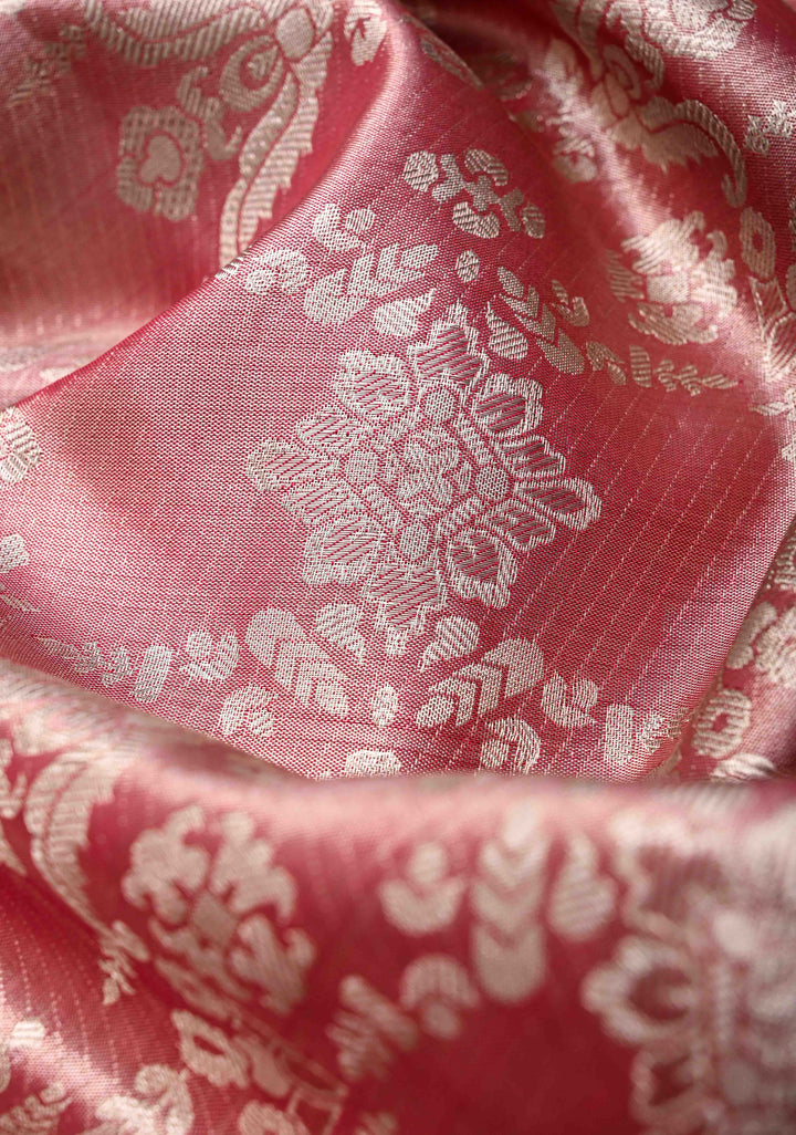 Dusty Rose Tissue Kanjivaram Silk Saree with Floral Jaal and Parrot Meenakari Zari Border | SILK MARK CERTIFIED