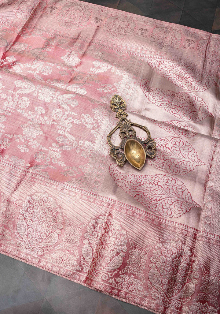 Dusty Rose Tissue Kanjivaram Silk Saree with Floral Jaal and Parrot Meenakari Zari Border | SILK MARK CERTIFIED