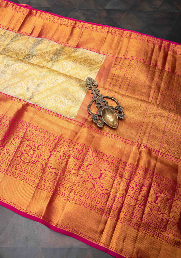Mint Green Tissue Kanjivaram Silk Saree with Meenakari Floral Leheria Design and Contrast Zari Border | SILK MARK CERTIFIED