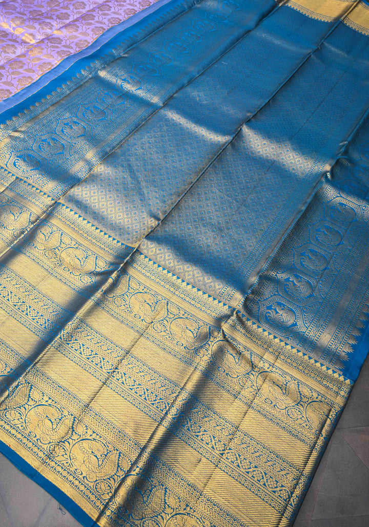 Lilac Kanjivaram Silk Saree with Brocade Jaal and Contrast Wide Zari Boder | SILK MARK CERTIFIED