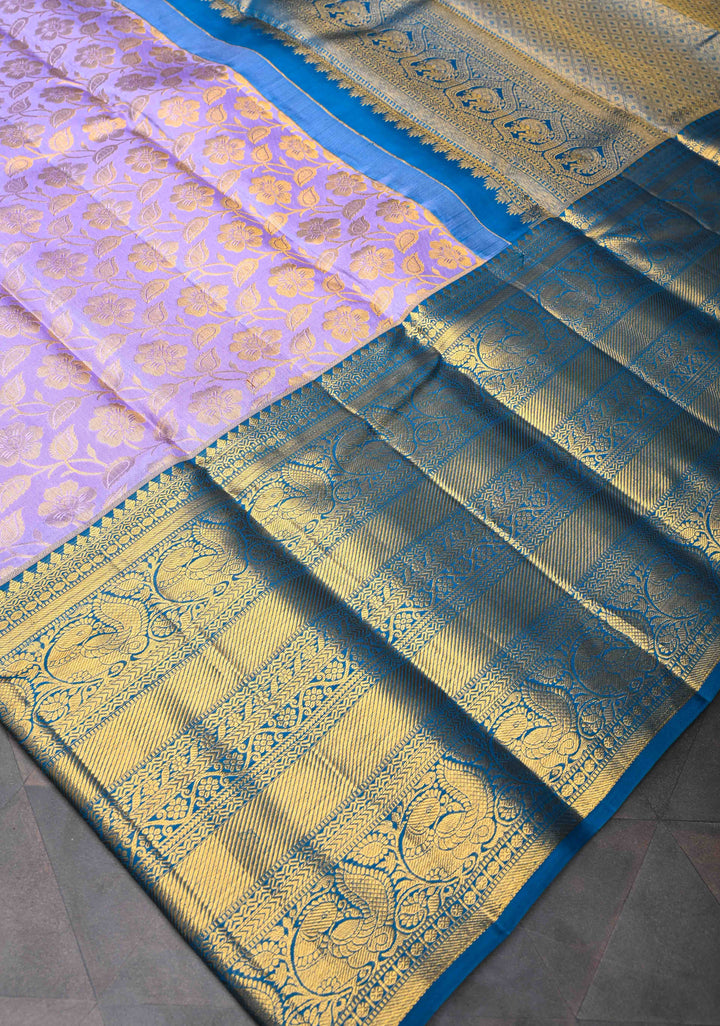 Lilac Kanjivaram Silk Saree with Brocade Jaal and Contrast Wide Zari Boder | SILK MARK CERTIFIED