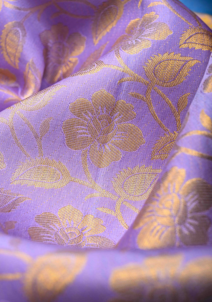 Lilac Kanjivaram Silk Saree with Brocade Jaal and Contrast Wide Zari Boder | SILK MARK CERTIFIED