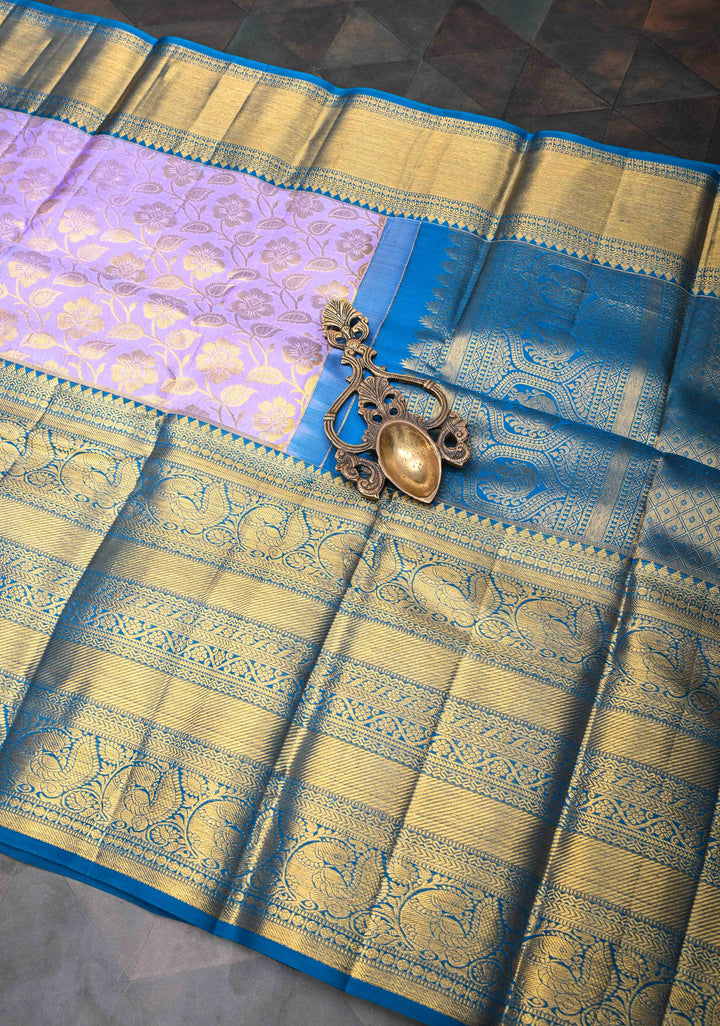 Lilac Kanjivaram Silk Saree with Brocade Jaal and Contrast Wide Zari Boder | SILK MARK CERTIFIED