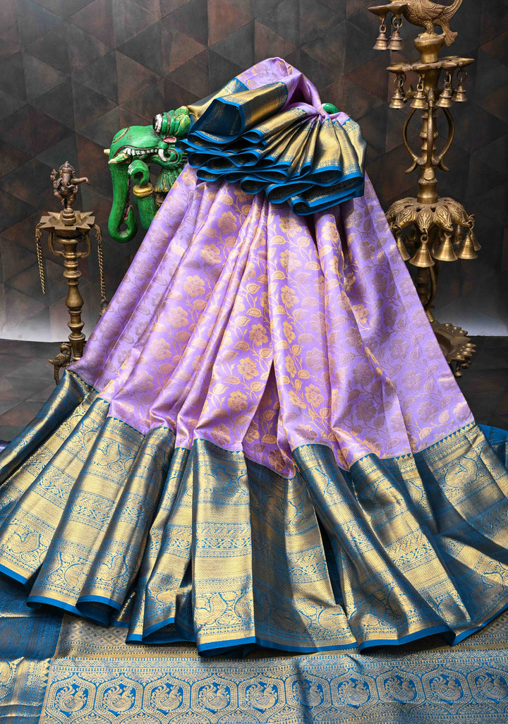 Lilac Kanjivaram Silk Saree with Brocade Jaal and Contrast Wide Zari Boder | SILK MARK CERTIFIED