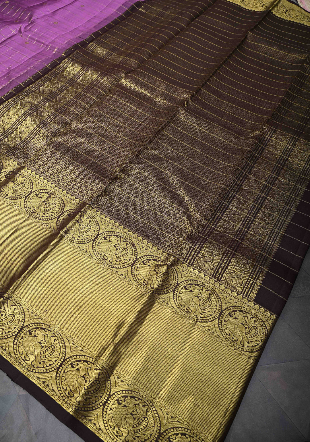 Dark Lavender Zari Checks Kanjivaram Silk Saree with Buttis and Contrast Wide Zari Border | SILK MARK CERTIFIED