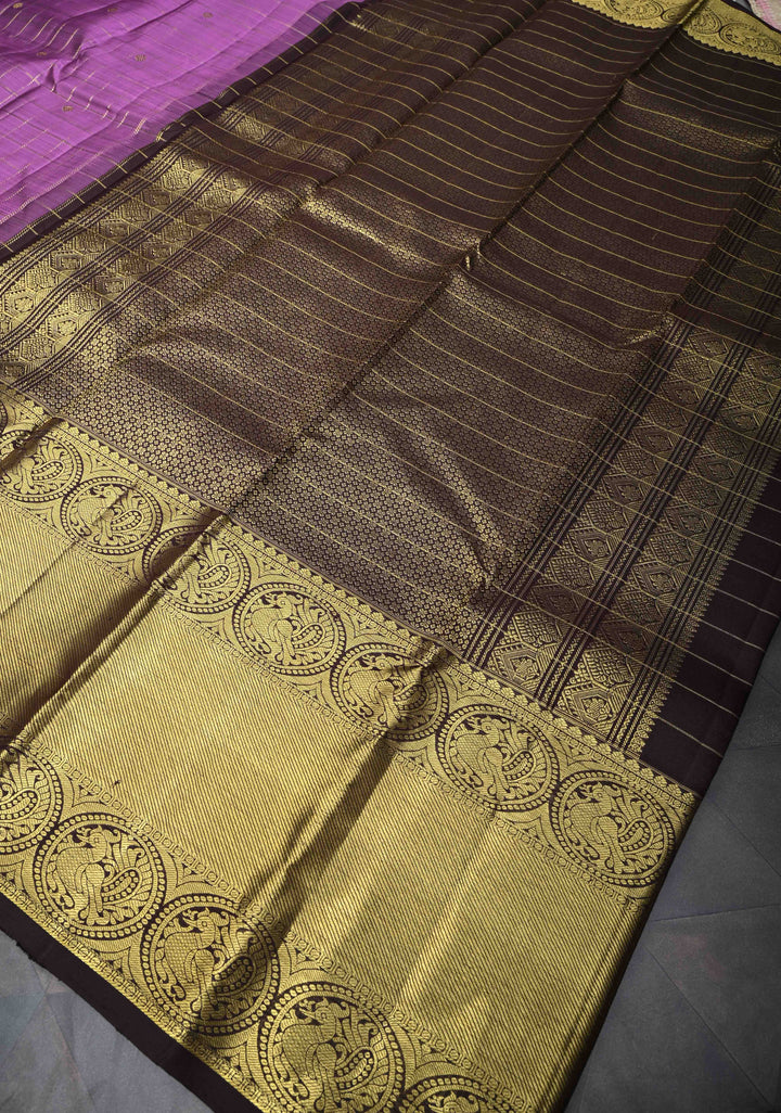 Dark Lavender Zari Checks Kanjivaram Silk Saree with Buttis and Contrast Wide Zari Border | SILK MARK CERTIFIED