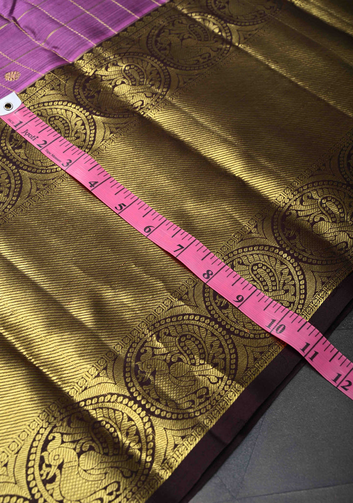 Dark Lavender Zari Checks Kanjivaram Silk Saree with Buttis and Contrast Wide Zari Border | SILK MARK CERTIFIED