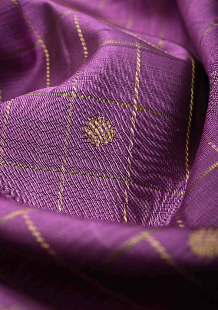 Dark Lavender Zari Checks Kanjivaram Silk Saree with Buttis and Contrast Wide Zari Border | SILK MARK CERTIFIED