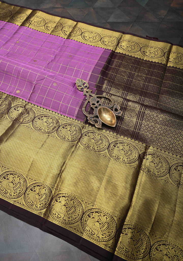 Dark Lavender Zari Checks Kanjivaram Silk Saree with Buttis and Contrast Wide Zari Border | SILK MARK CERTIFIED