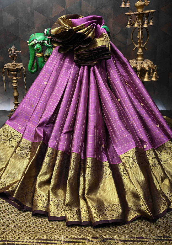 Dark Lavender Zari Checks Kanjivaram Silk Saree with Buttis and Contrast Wide Zari Border | SILK MARK CERTIFIED