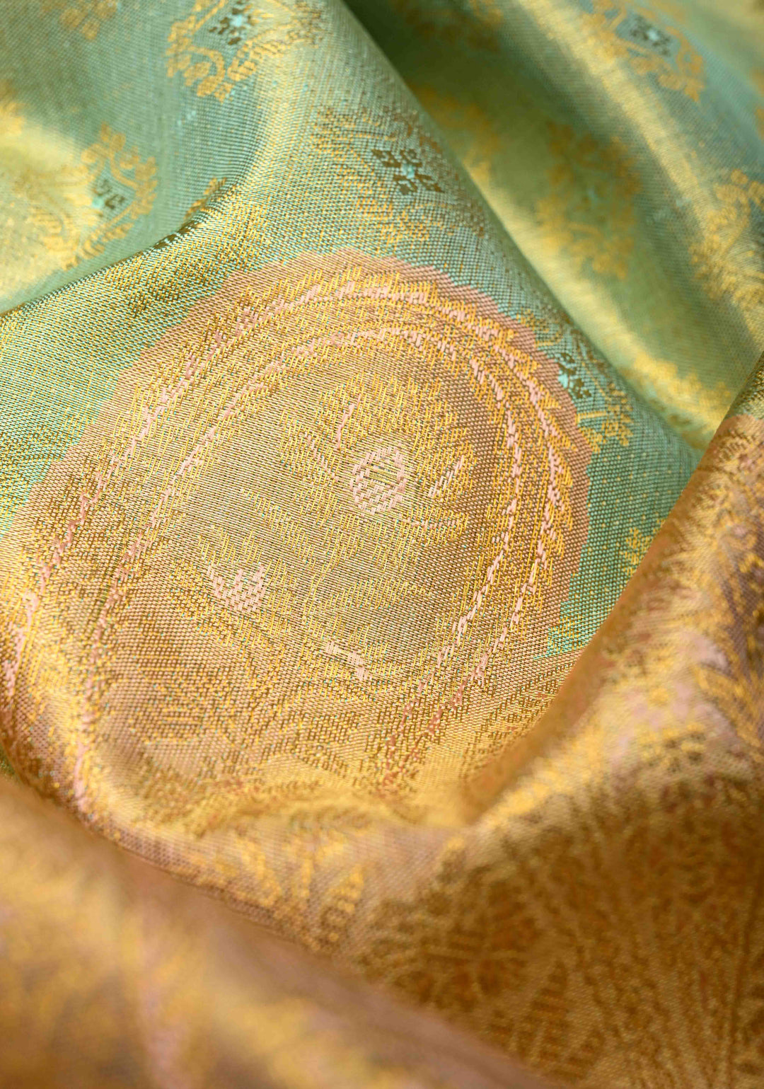 Meenakari Tissue Brocade Kanjivaram Pure Silk Saree in Tea Green with Zari Border | SILK MARK CERTIFIED