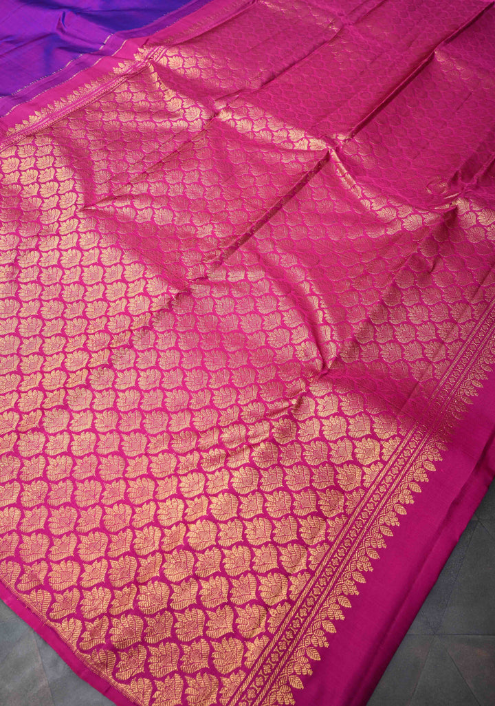 Purple Kanjivaram Silk Saree with Paisley Buttas And Contrast Brocade Zari Border | SILK MARK CERTIFIED