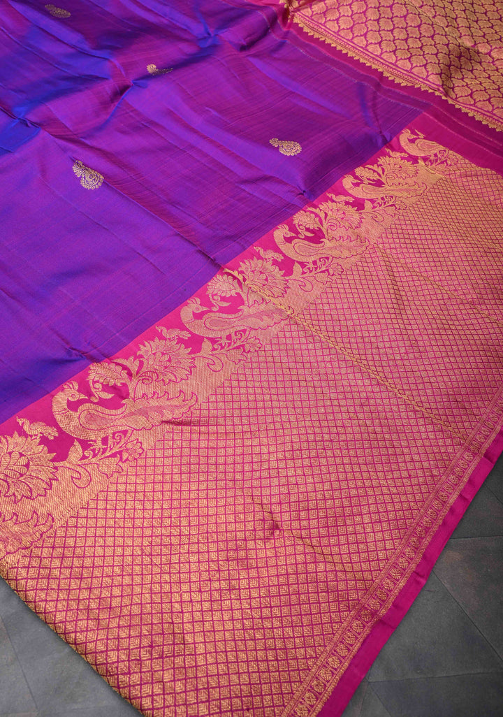 Purple Kanjivaram Silk Saree with Paisley Buttas And Contrast Brocade Zari Border | SILK MARK CERTIFIED
