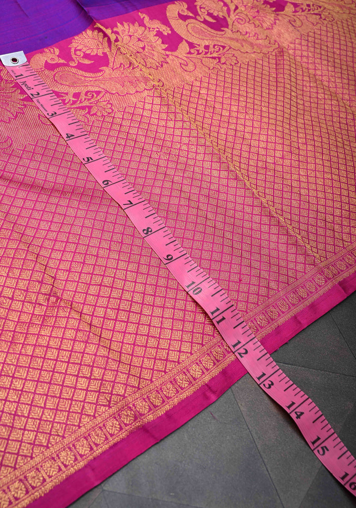 Purple Kanjivaram Silk Saree with Paisley Buttas And Contrast Brocade Zari Border | SILK MARK CERTIFIED