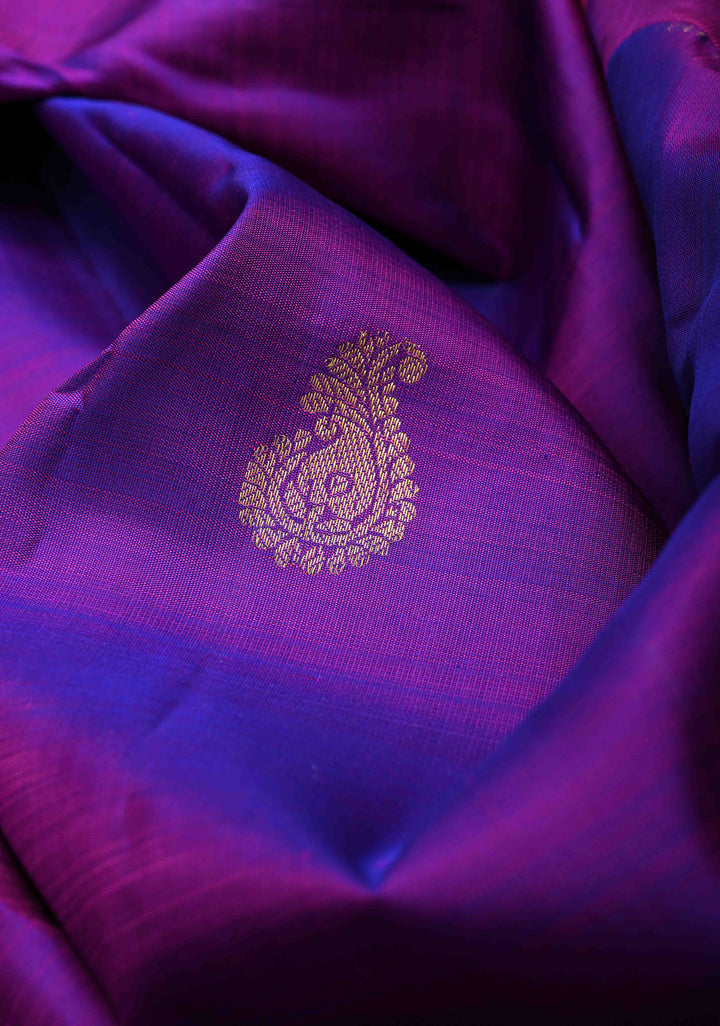 Purple Kanjivaram Silk Saree with Paisley Buttas And Contrast Brocade Zari Border | SILK MARK CERTIFIED