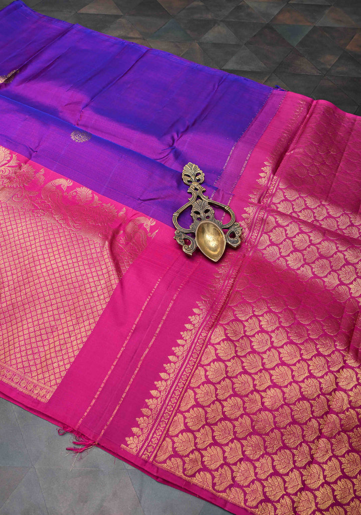 Purple Kanjivaram Silk Saree with Paisley Buttas And Contrast Brocade Zari Border | SILK MARK CERTIFIED
