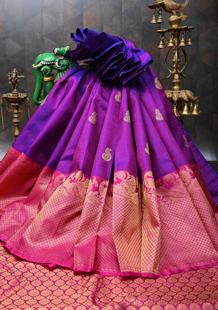 Purple Kanjivaram Silk Saree with Paisley Buttas And Contrast Brocade Zari Border | SILK MARK CERTIFIED