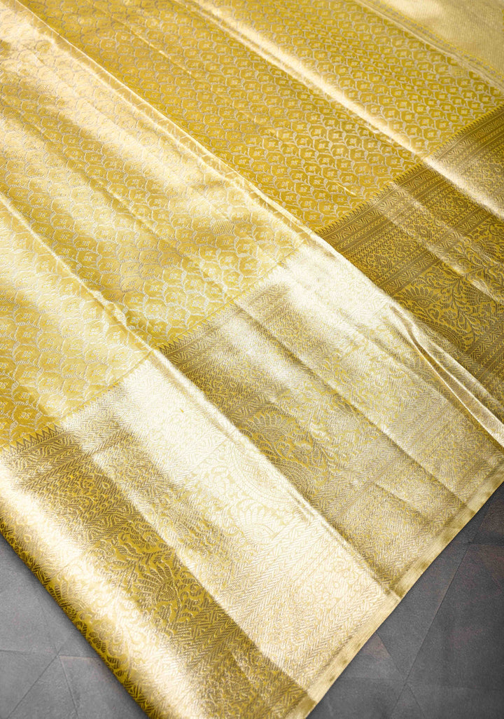 Yellow Kanjivaram Tissue Silk Saree with Meenakari Floral Brocade and Zari Border | SILK MARK CERTIFIED