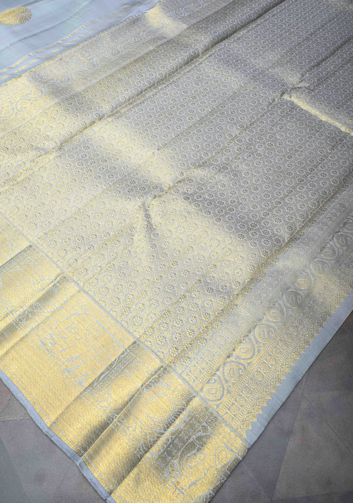 Gray Kanjivaram Silk Saree with Twin Peacock Buttas and Zari Border | SILK MARK CERTIFIED