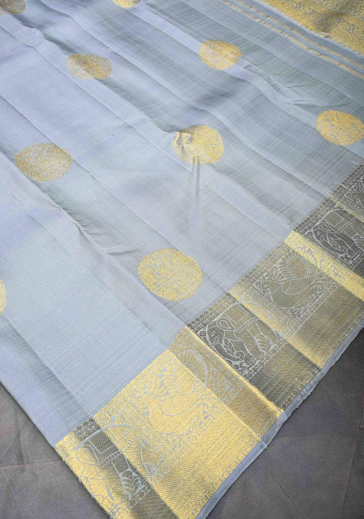 Gray Kanjivaram Silk Saree with Twin Peacock Buttas and Zari Border | SILK MARK CERTIFIED