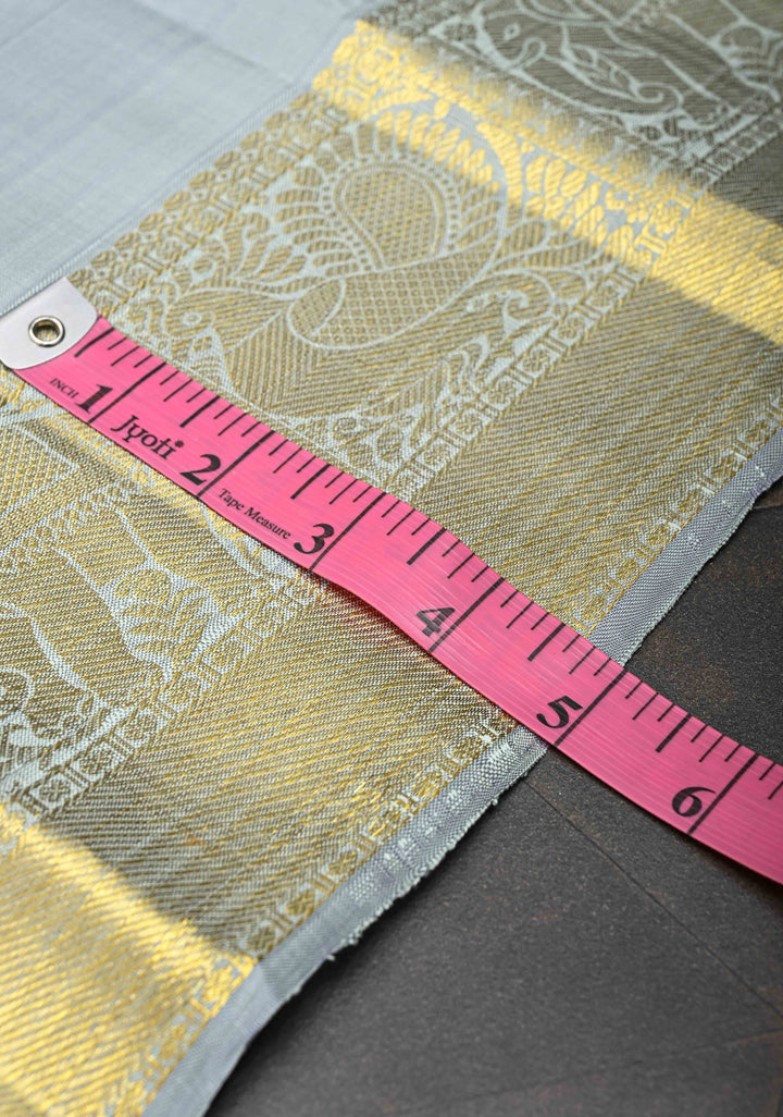 Gray Kanjivaram Silk Saree with Twin Peacock Buttas and Zari Border | SILK MARK CERTIFIED